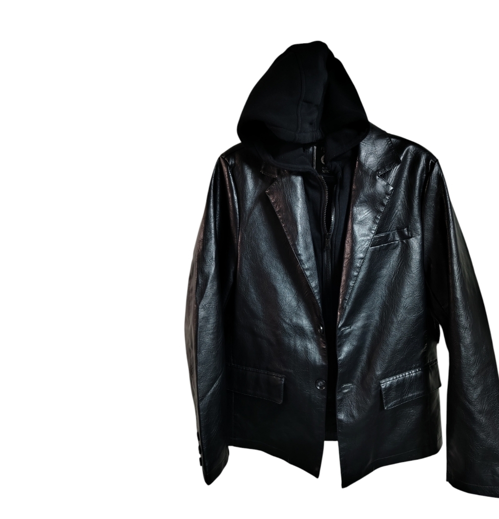 Fried Denim NYC Men's Black Faux Leather Jacket w Removable Jersey Knit Hood M - Picture 3 of 5